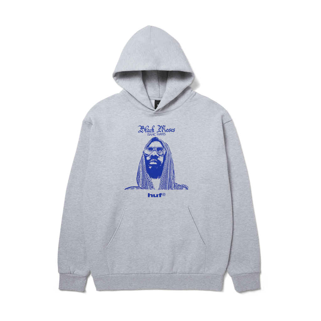 HUF x Isaac Hayes Black Moses Heavyweight Pullover Hoodie | Ash front view