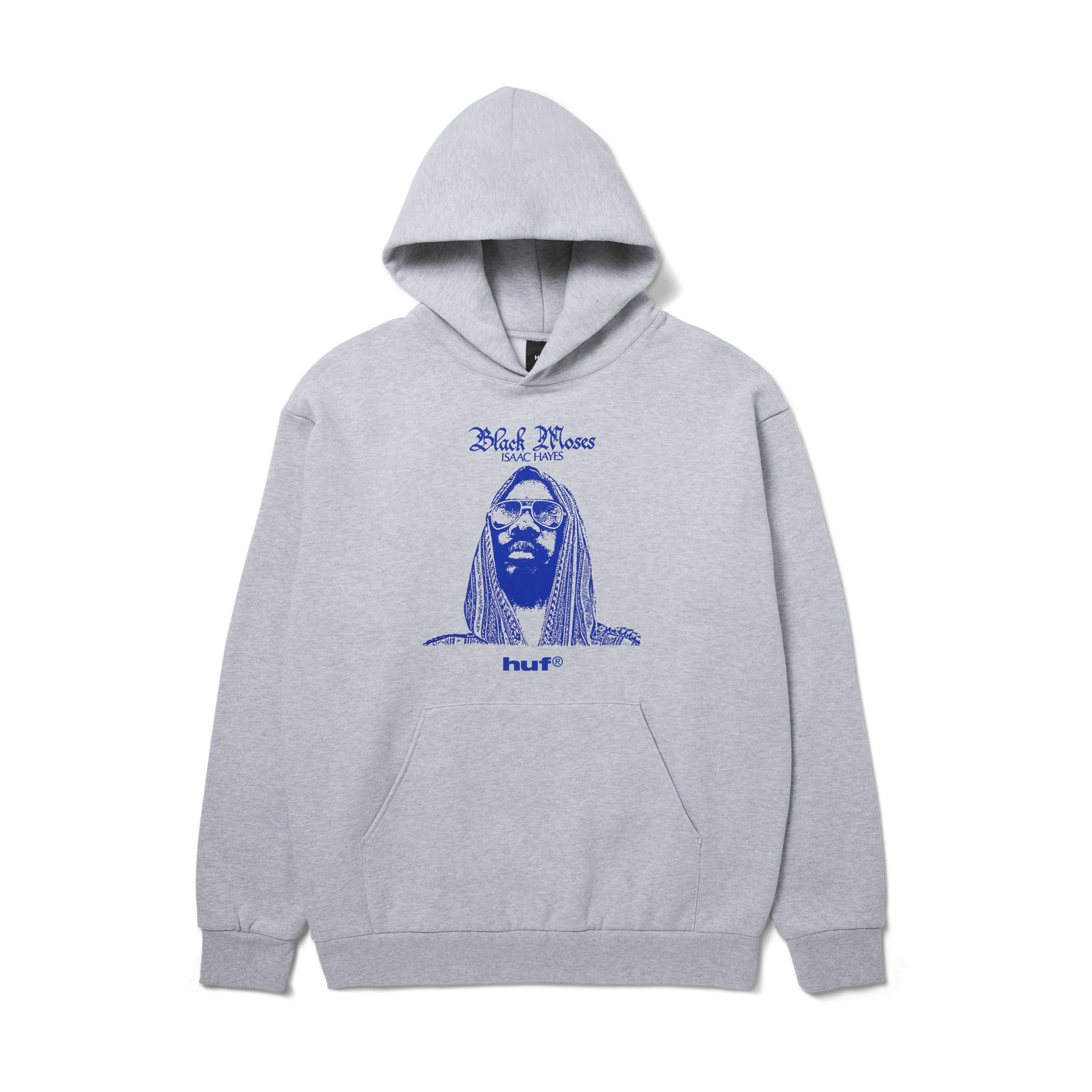 HUF x Isaac Hayes Black Moses Heavyweight Pullover Hoodie | Ash front view