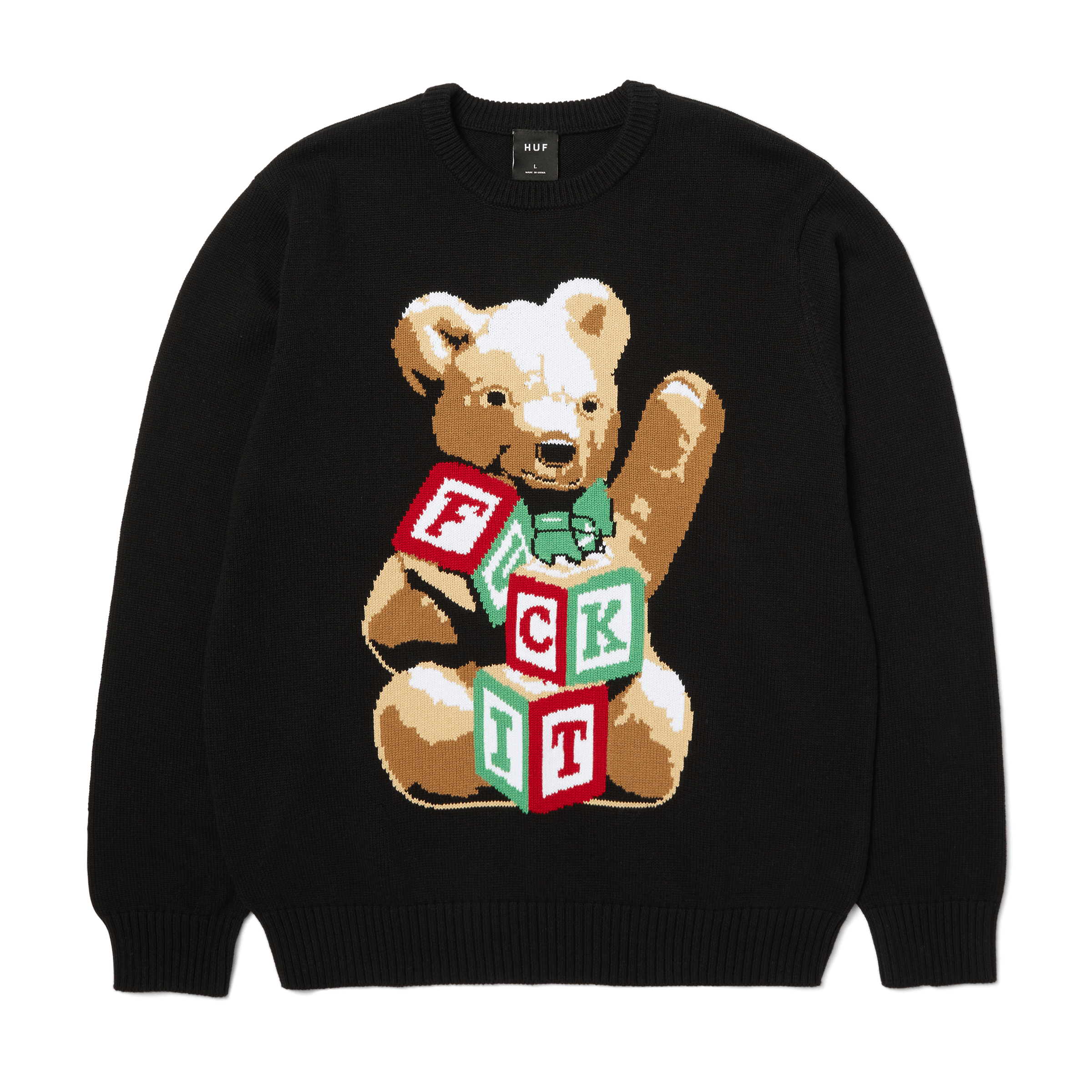 Gift Bear Intarsia Sweater | Black front view