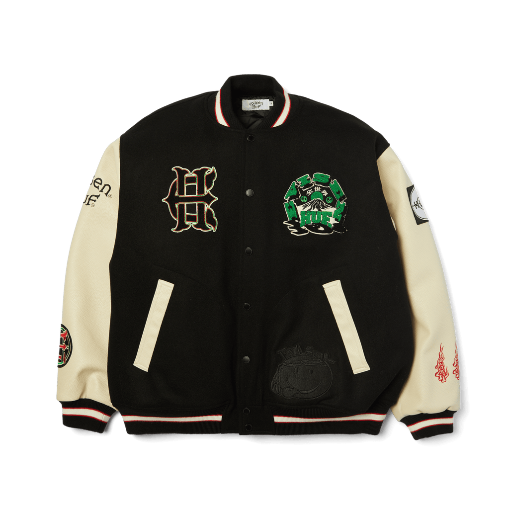 HUF x Evisen Stadium Logo Jacket | Black front view