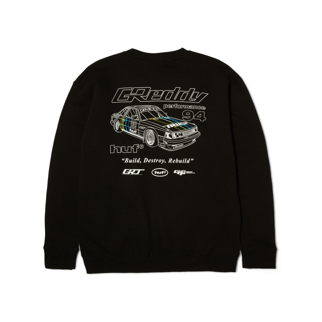 HUF x GReddy Retro Mod Crewneck Sweatshirt | Black front view