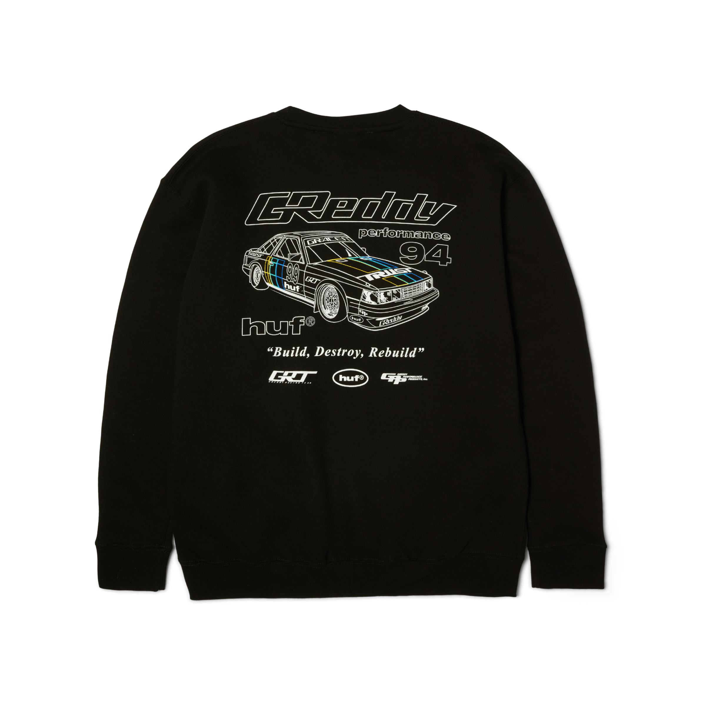 HUF x GReddy Retro Mod Crewneck Sweatshirt | Black front view