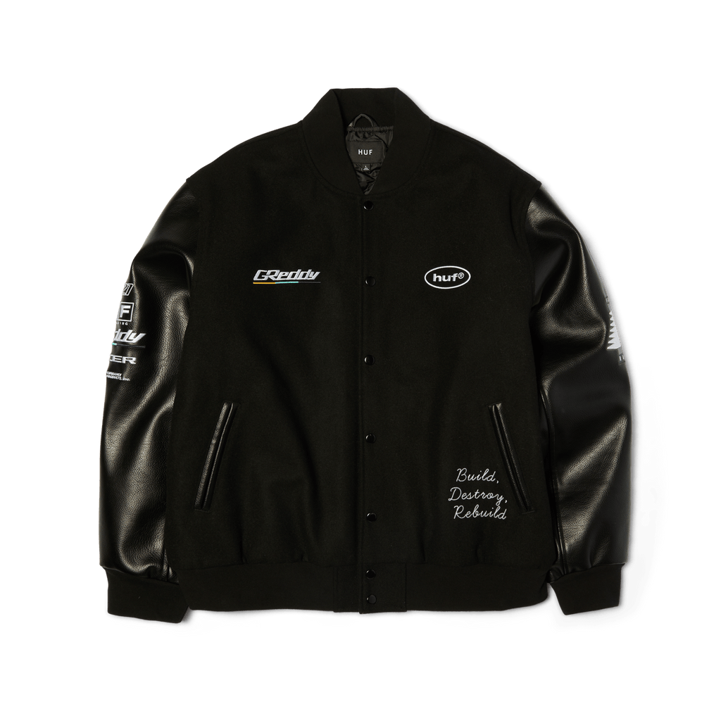 HUF x GReddy Varsity Jacket | Black front view