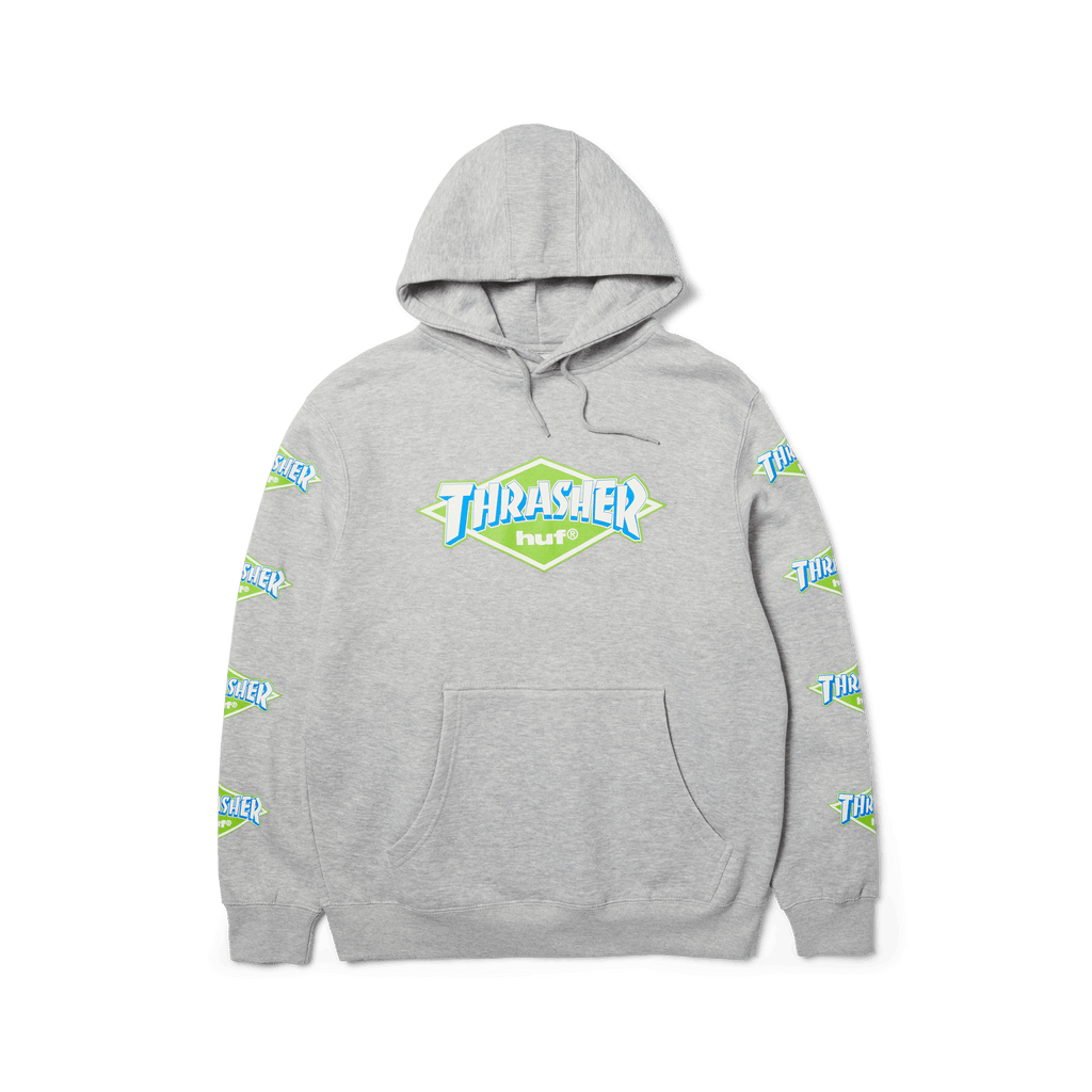 HUF x Thrasher Logo Hoodie | Heather Grey front view