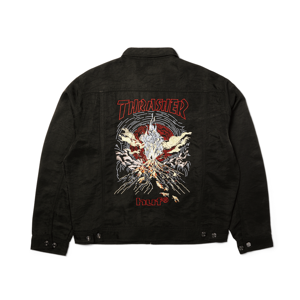 HUF x Thrasher Trucker Jacket | Black front view