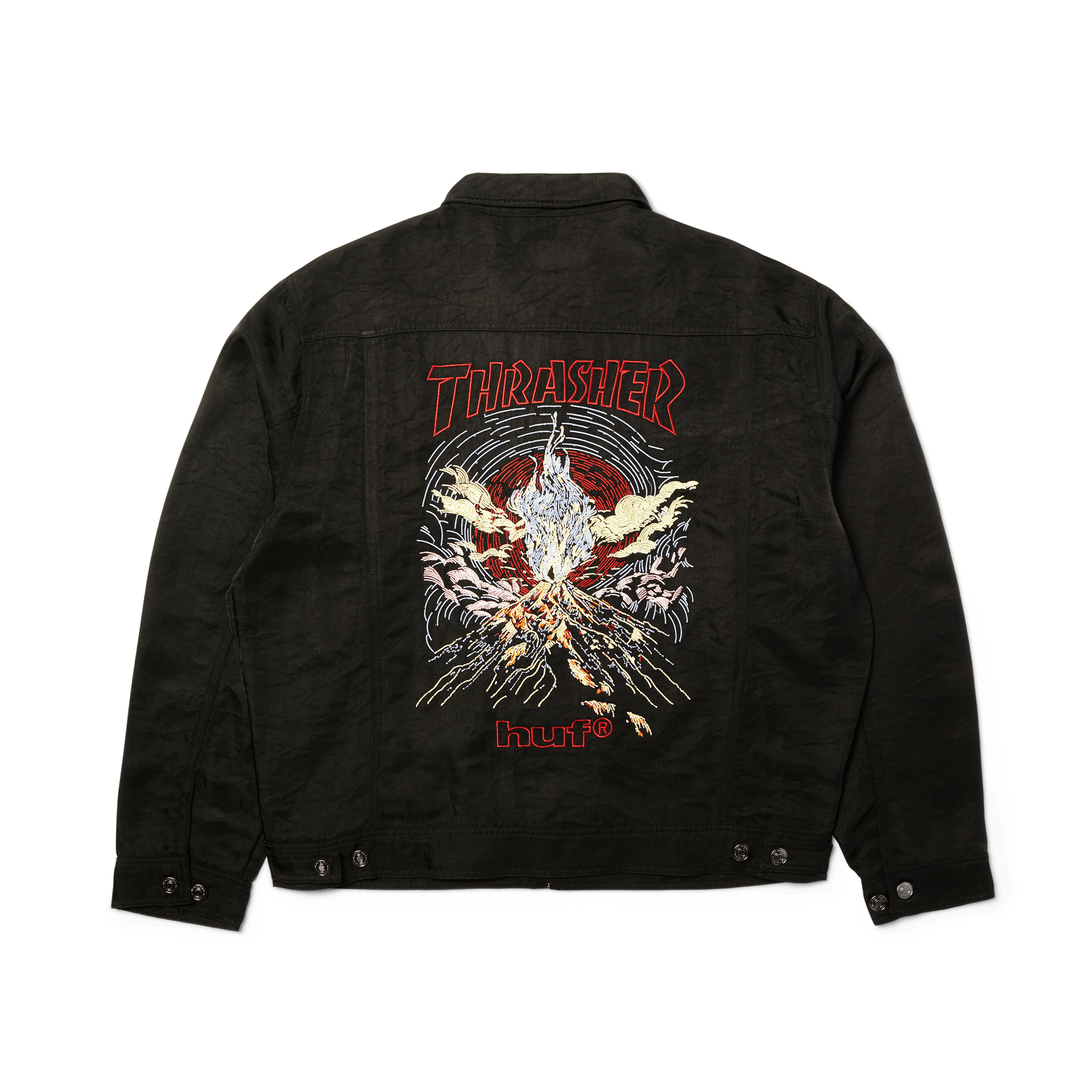 HUF x Thrasher Trucker Jacket | Black front view