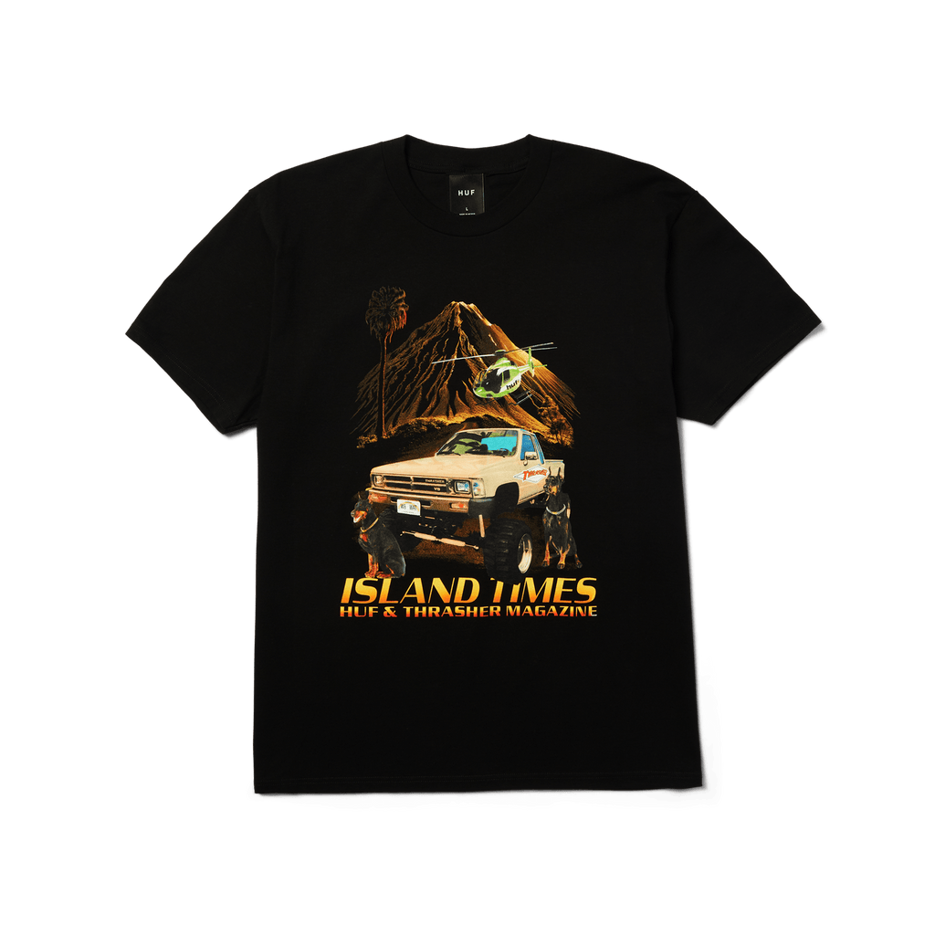 HUF x Thrasher Island Times T-Shirt | Black front view