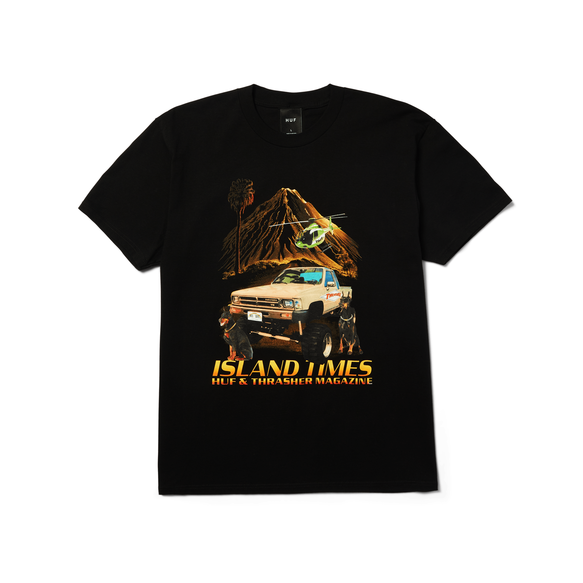 HUF x Thrasher Island Times T-Shirt | Black front view