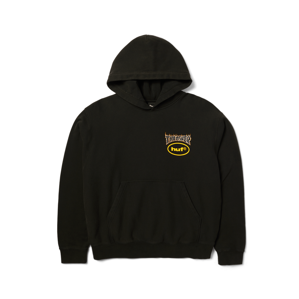 HUF x Thrasher Meltdown Heavyweight Hoodie | Washed Black front view
