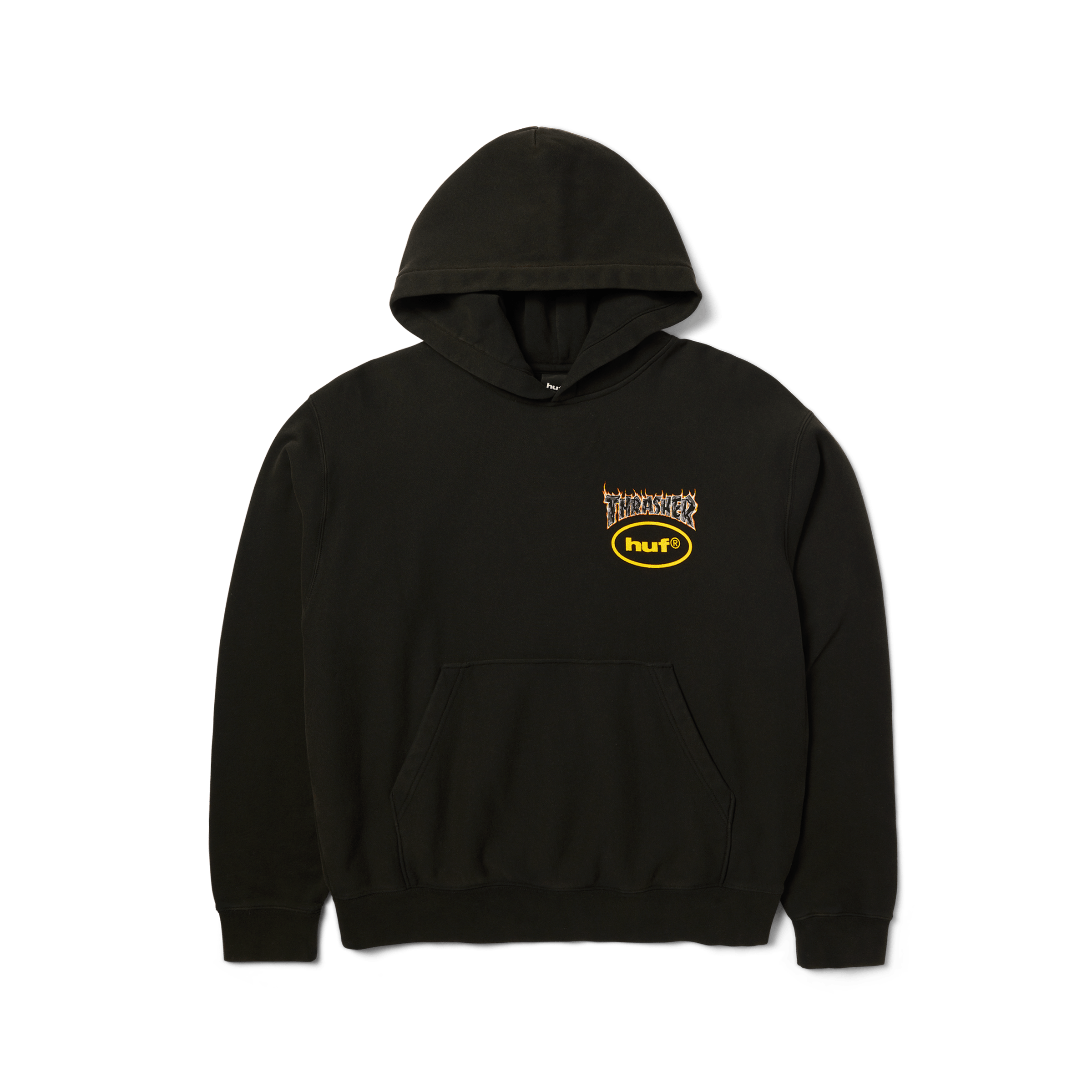 HUF x Thrasher Meltdown Heavyweight Hoodie | Washed Black front view