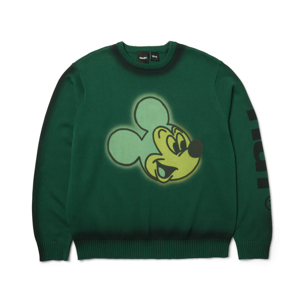 Disney | HUF Mickey Spray Crewneck Sweatshirt | Forest Green front view