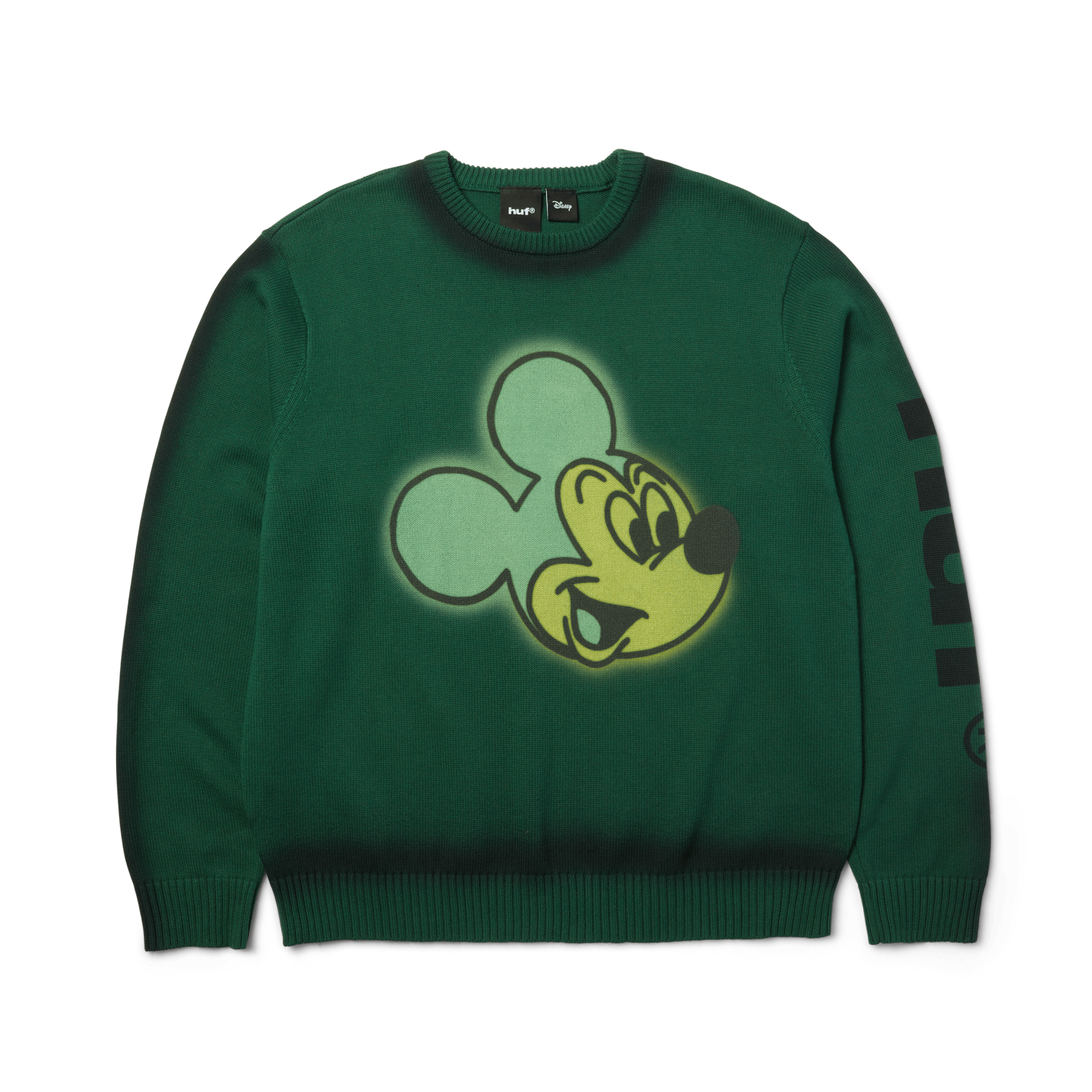 Disney | HUF Mickey Spray Crewneck Sweatshirt | Forest Green front view