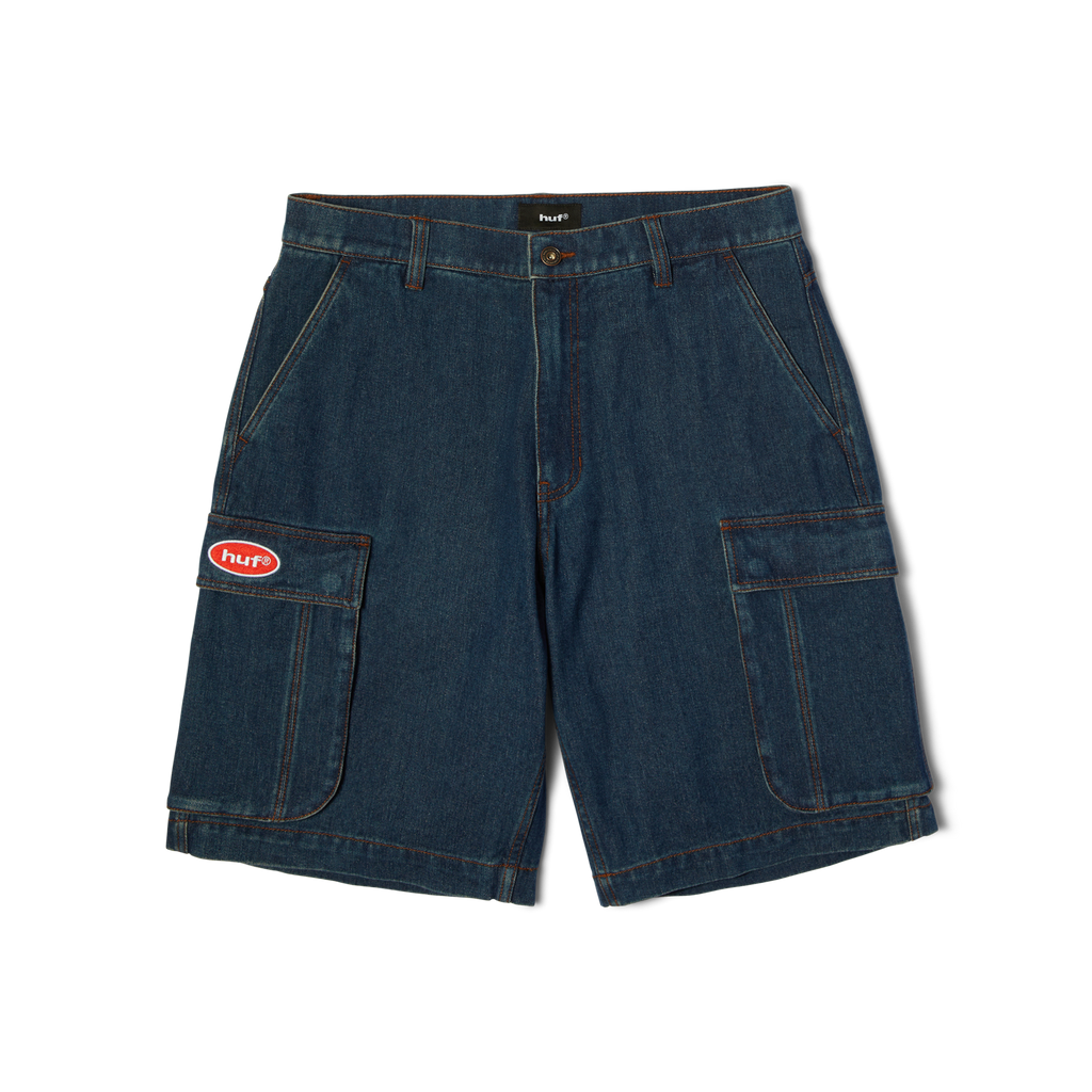 Oval Denim Cargo Short | Indigo front view