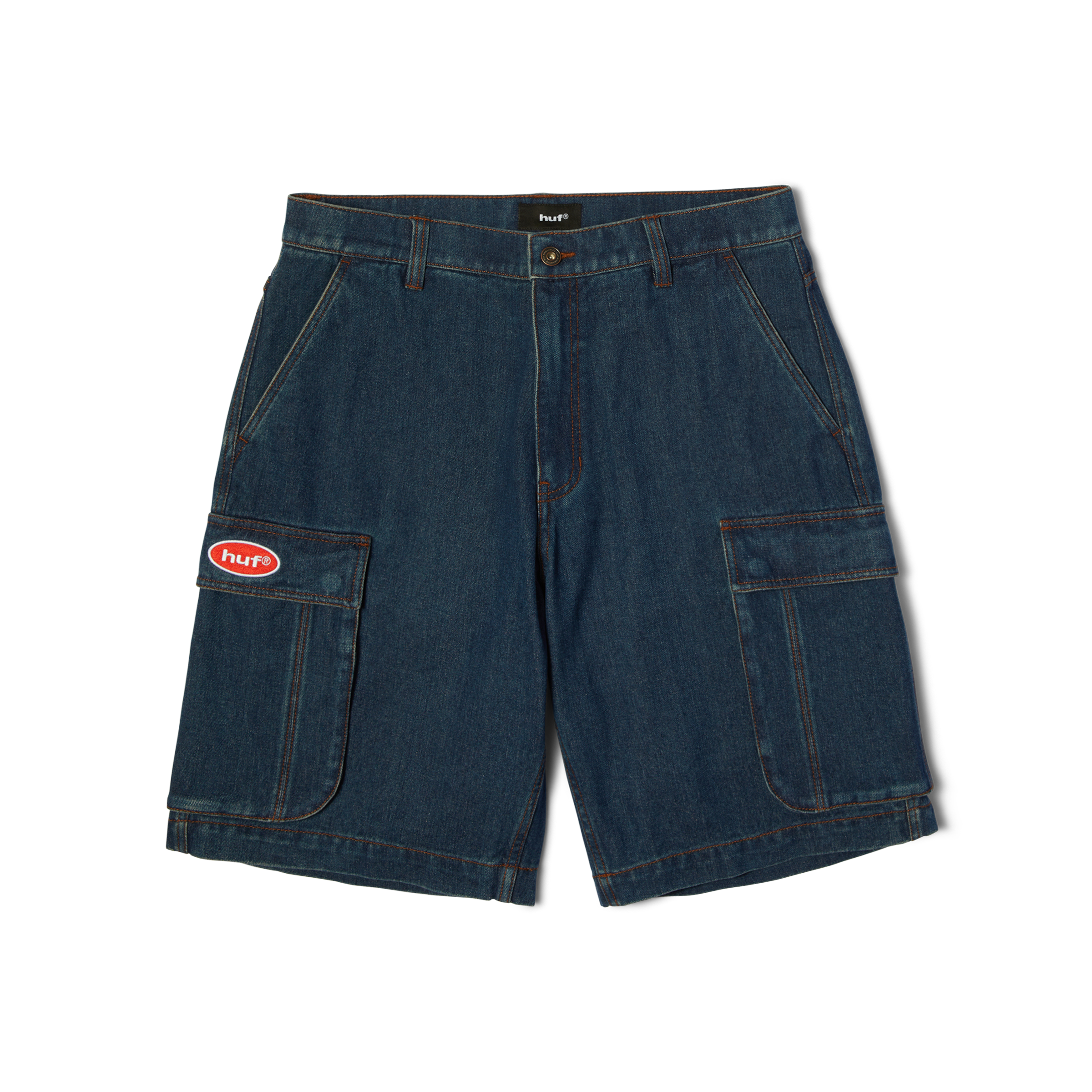 Oval Denim Cargo Short | Indigo front view