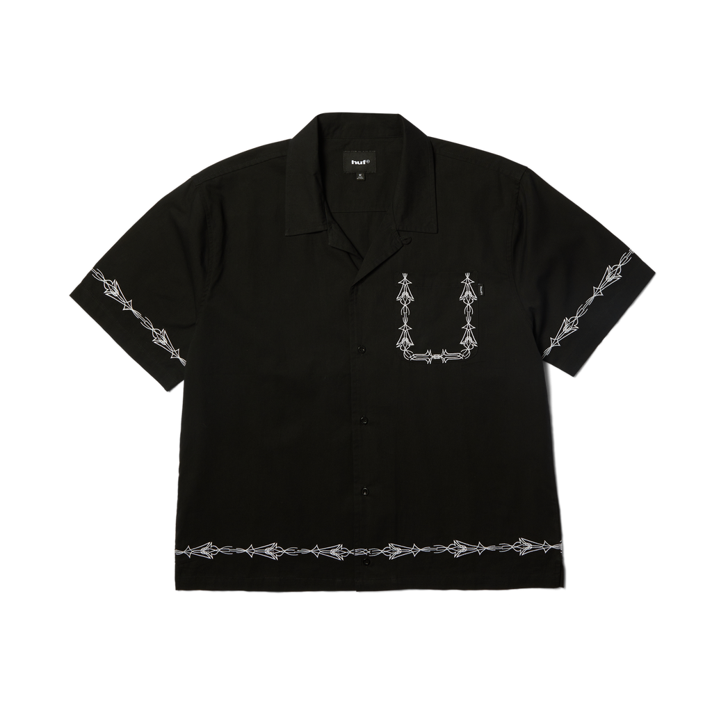 Pinstripe Embroidered Resort Shirt | Black front view