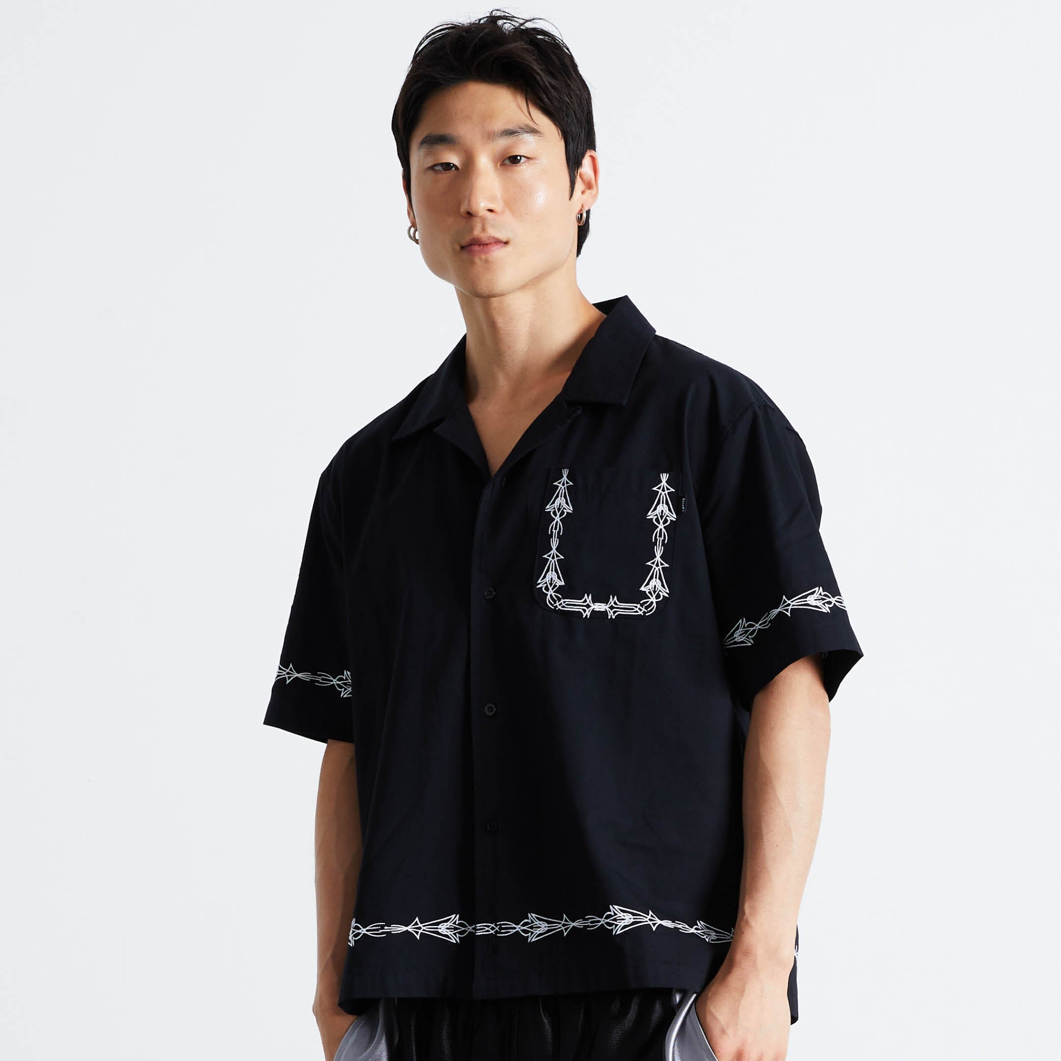 Pinstripe Embroidered Resort Shirt | Black view 2