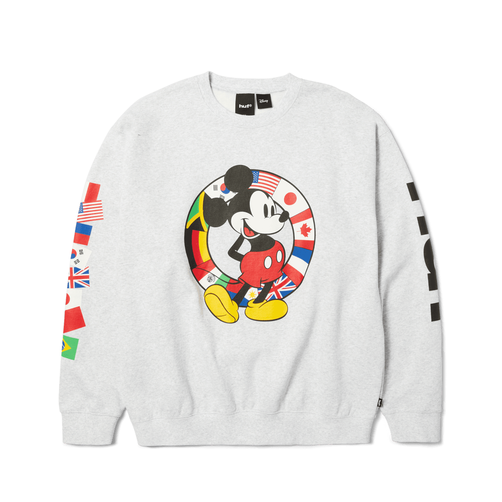 Disney | HUF Mickey Worldwide Tour Crewneck Sweatshirt | Heather Grey front view
