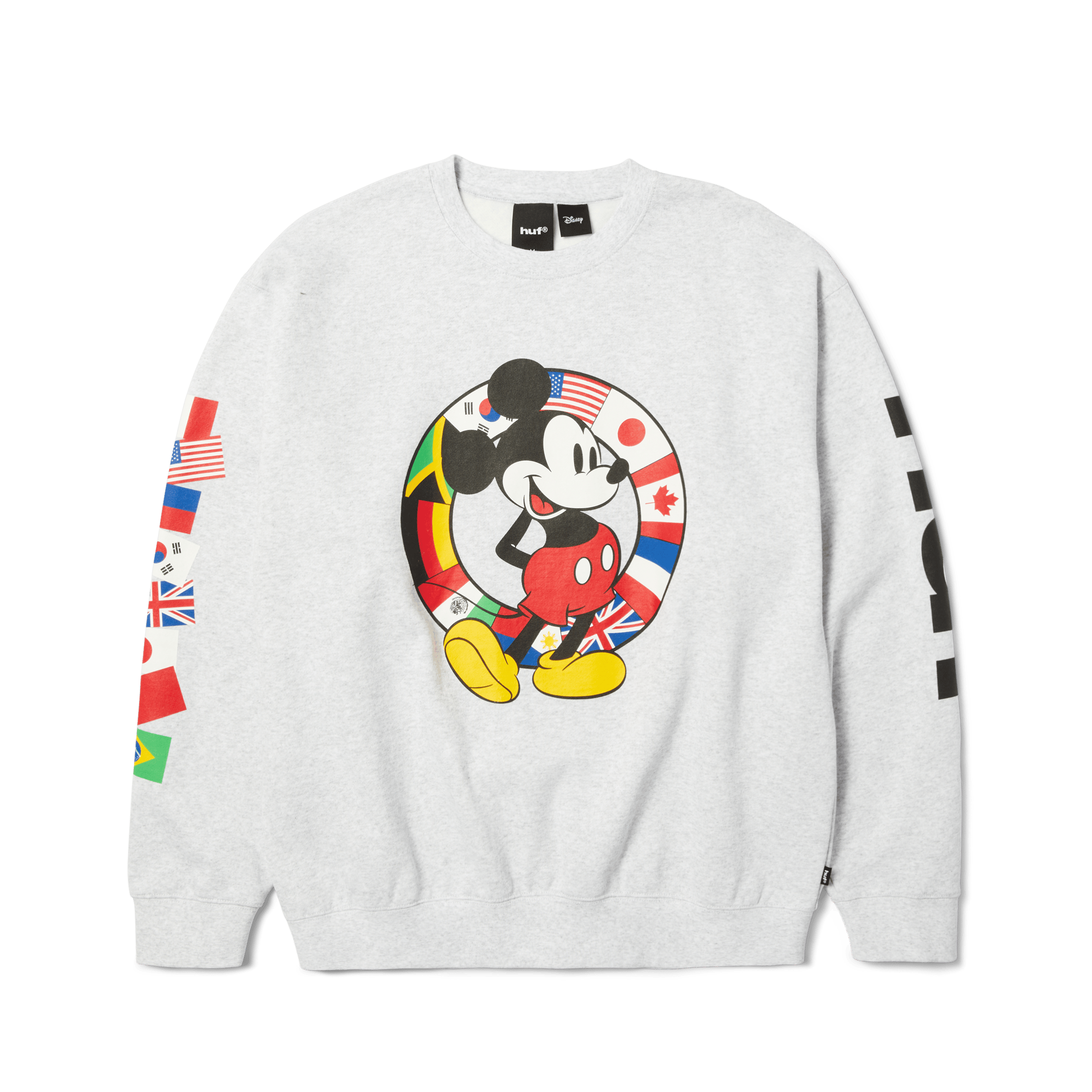 Disney | HUF Mickey Worldwide Tour Crewneck Sweatshirt | Heather Grey front view