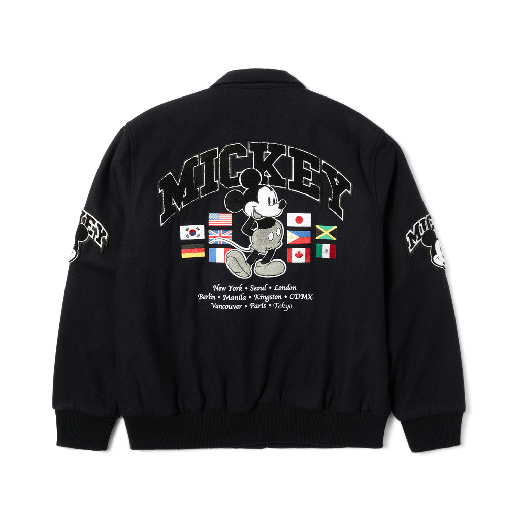 Disney | HUF Mickey Worldwide Tour Varsity Jacket | Navy front view