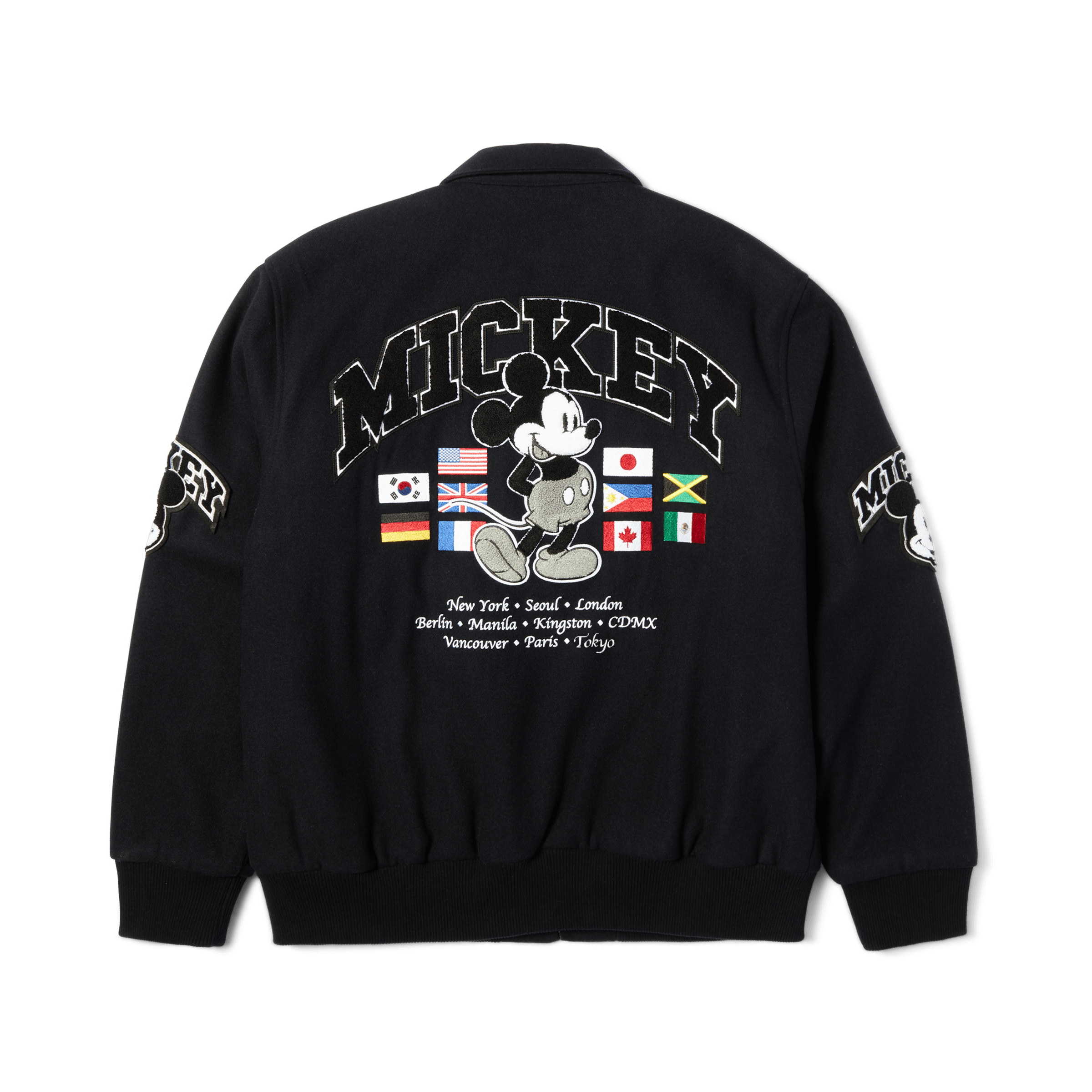 Disney | HUF Mickey Worldwide Tour Varsity Jacket | Navy front view